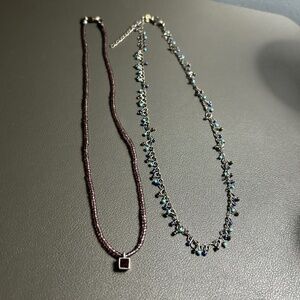 2 Vintage '90's Choker Necklaces - Purple Bead with Charm and Blue Beads